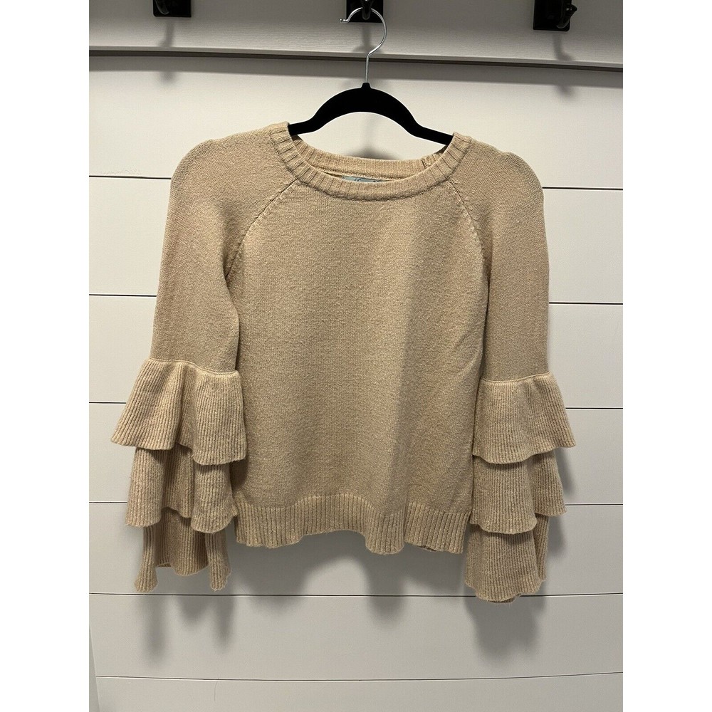 She + Sky Bell Ruffle Sleeve Sweater Tan Size Small